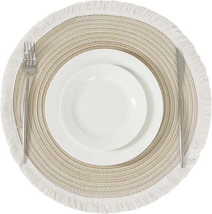 Leetaltree 15 Inch Boho Braided Placemats Set of 6 - Round Cotton Table Mats with Tassel Fringe Washable & Heat Resistant for Dining Table, Farmhouse Kitchen Decor(Beige,Set of 6)