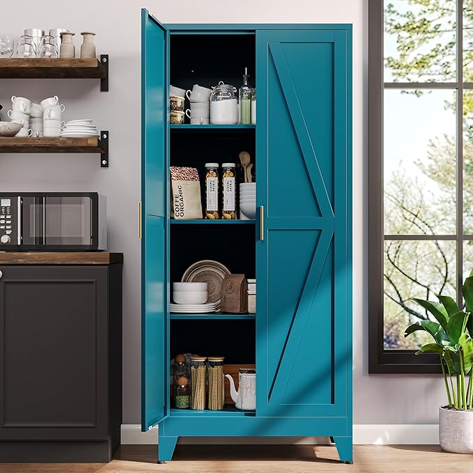 61" H Blue Metal Pantry Cabinet with Doors,Freestanding Kitchen Pantry Cabinet,Farmhouse Food Storage Cabinets,Tall and Large Pantry Cabinets for Kitchen, Dining Room, Living Room