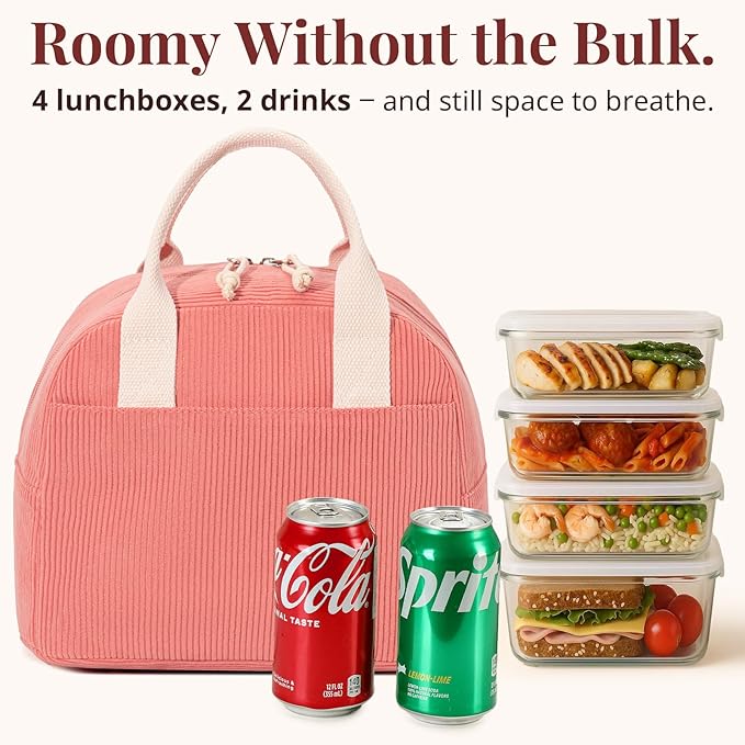 LOVELYWIND Insulated Lunch Bag for Women Men, Stylish Corduroy Tote Bag with Aluminum Lining, Large Capacity Reusable Cooler for Work, Travel, or Beach, Coral Pink Lunch Box