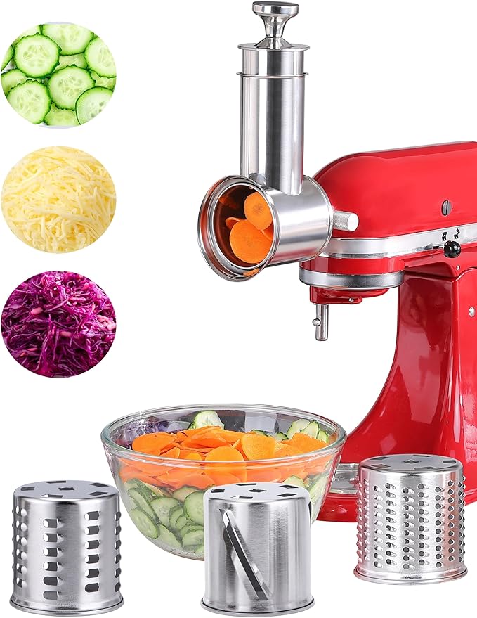 Fresh Prep Slicer Shredder Attachment for KitchenAid Stand Mixers, Stainless Steel Large Salad Maker,Cheese Grater Accessories with 3 Thick Blades,Dishwasher Safe