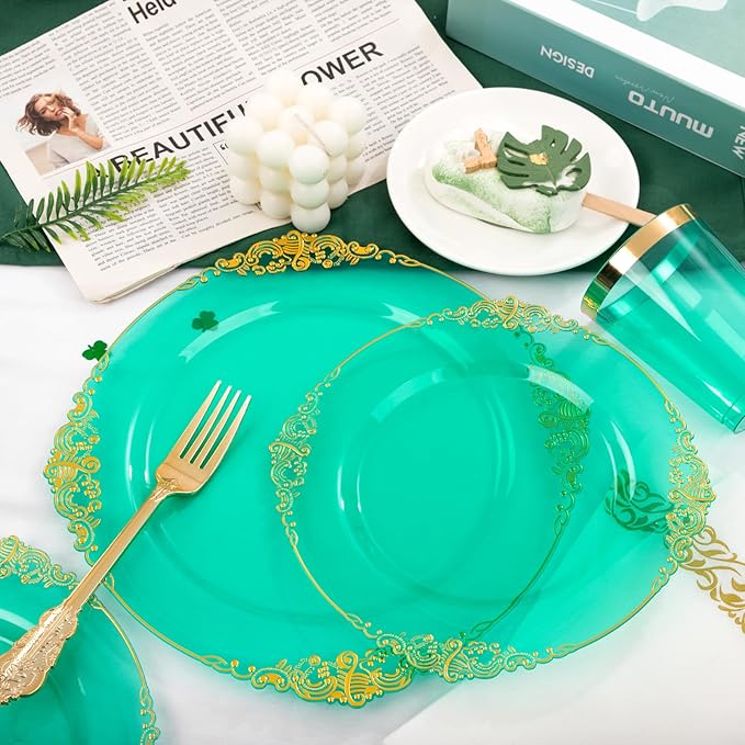 Hioasis 175pcs Clear Green Plastic Plates - Elegant Disposable Dinnerware Set Suitable for 25 Guests Include 10.25" Dinner & 7.5" Dessert Plates, Cutlery, Napkins, Cups for Party & Wedding