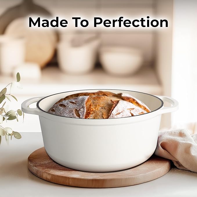 Zulay Kitchen 6 Quart Enameled Cast Iron Dutch Oven Pot with Lid ??Premium Durability & Oven Safe up to 500째F ??Heavy Duty Cookware Perfect for Bread Baking, Stews, Braising & Roasting ??White