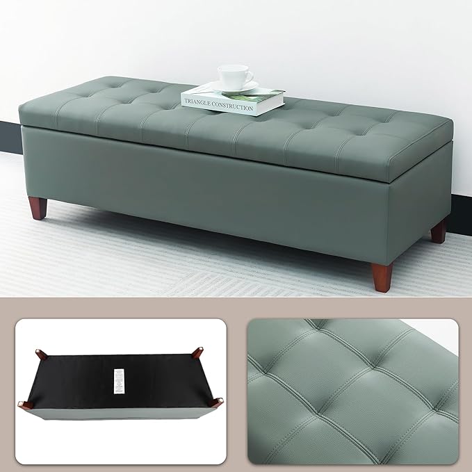 Joveco 51 Inch Storage Ottoman Bench,Tufted Leather Storage Bench for Bedroom (51??Gray Green)