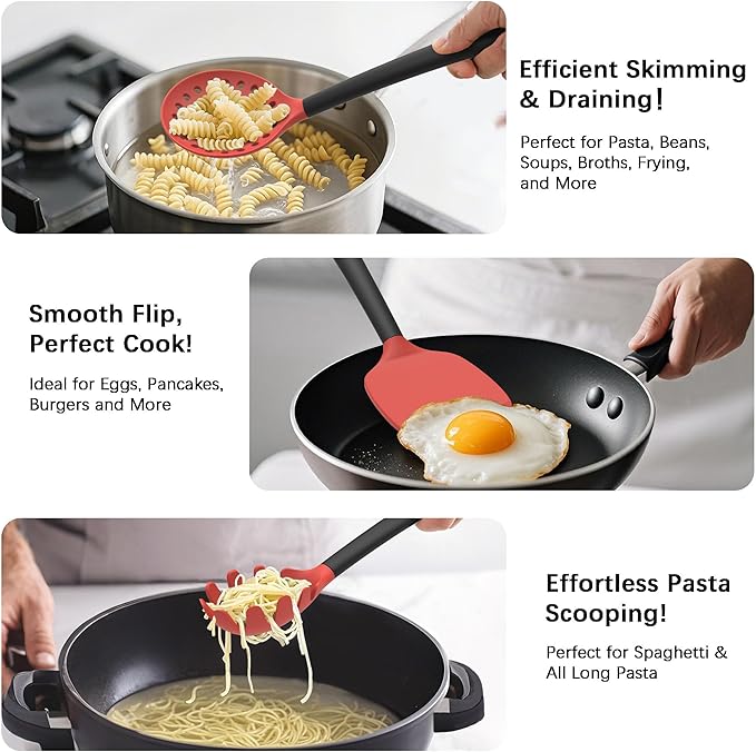 Coukre Silicone Kitchen Cooking Utensils Set with Holder ??Heat-Resistant, Food-Grade Kitchen Tools, Spatula, Spoon & Gadgets for Non-Stick Pans, Dishwasher Safe (14, Red)