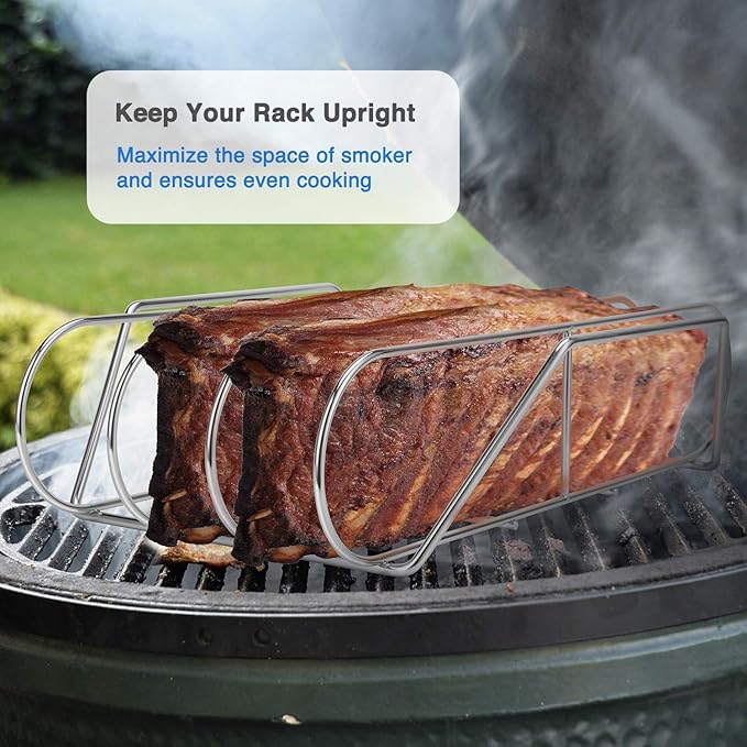 Extra Long Stainless Steel Rib Rack for Smoking and Grilling, Holds up to 3 Full Racks of Ribs, Fits 18??or Larger Gas Smoker or Charcoal Grill, Perfect Smoker Accessories Gifts for Men