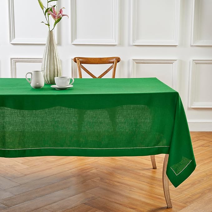 Solino Home Garden Green Linen Tablecloth 60 x 108 Inch - 100% Pure Linen Hemstitch Table Cloth for Rectangle Tables - Classic Hemstitch, Washable Tablecloth for Winter, St Patricks Day, Easter