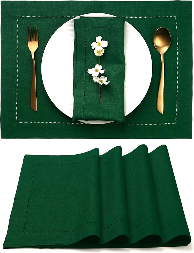 D'Moksha Homes Linen Placemats Set of 4 - Classic Hemstitch Forest Green Placemats 14 x 19 Inch - 100% Pure Linen Table Mats for St Patricks Day, Easter - Handcrafted and Machine Washable