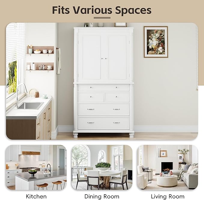 Merax 77" Tall Large Kitchen Pantry Storage Cabinet with 2 Doors & 2 Adjustable Shelves & 5 Drawers & 6 Side Door Shelves, Modern Freestanding Food Pantry for Dining Room, Living Room, White