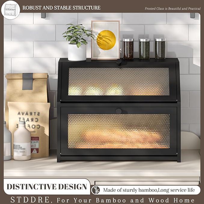 Bread Box for Kitchen Countertop Bin Double Layer Bread Box Storage Container Extra Large Capacity Farmhouse with Diamond Pattern Windows (Black, Large)