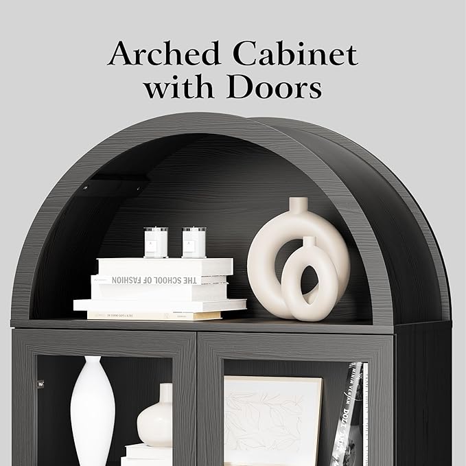 DHH 71" Tall Arched Kitchen Pantry, Modern Farmhouse Wood Kitchens Storage Cabinets with Sliding Doors竊?Adjustable Shelves, Versatile Cupboard for Kitchen, Living Dining Room, Bathroom (Black)