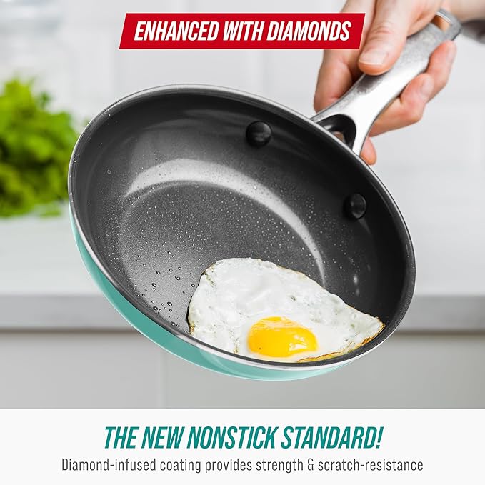 Blue Diamond Frying Pan 8??Skillet, Diamond Infused Healthy Ceramic Nonstick, PFAS and PFOA-Free, Dishwasher and Oven Safe, Even Heating, Metal Utensil Safe, Warp Control Base, Turquoise