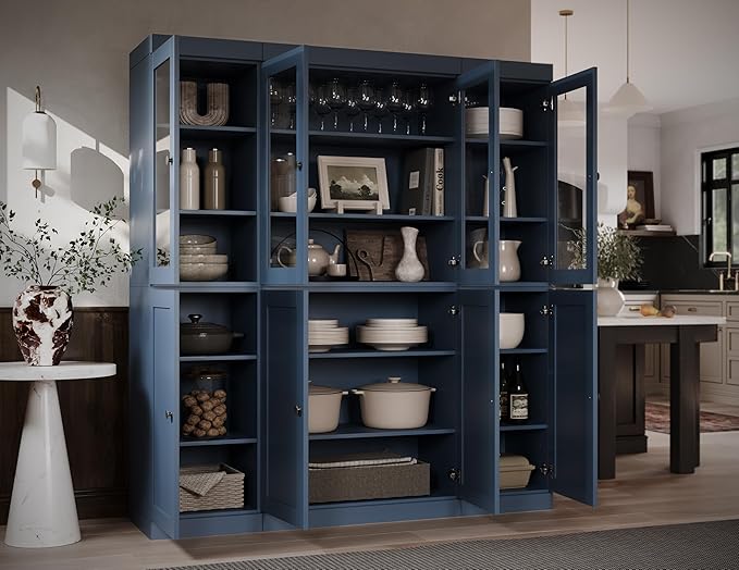Palace Imports 100% Solid Wood Kitchen China Pantry Cabinet, 65" W - 4 Clear Glass & 4 Shaker Doors, Renewable Eco-Friendly Wood, Made in Brazil (Antique Blue, 8 China/Shaker Doors | NO Drawers)