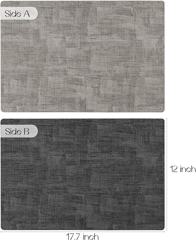 Romanstile Reversible Vinyl Placemats Set of 4, Faux Leather 100% Waterproof Oil-proof Wipeable Place Mats, Heat Resistant Dual Sided Table Mats for Kitchen/Dining/Party (Grey Light Grey, 12 x 17 Inch