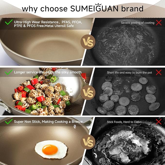 13 Inch Titanium Wok Pan with Lid, Non Stick Frying Pan, Woks & Stir-Fry Pans Nonstick, Flat Bottom Stainless Steel Wok, Titanium Pans Ideal for Induction Stovetop Cooking PFOA&PFAS Free