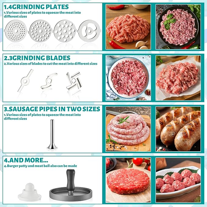 KAMJUNTAR Meat Grinder Attachment for Kitchenaid Stand Mixer, Kitchen Aide Grinder Attachment Kitchenaid Food Grinder Attachment, Sausage Stuffer, Burger Press, Not Dishwasher Safe, Total 16 Pcs