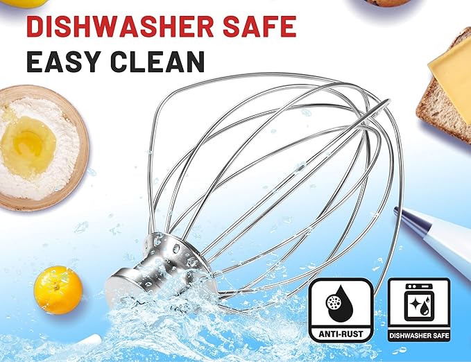 NewlyArt K45WW Dishwasher Safe Whisk 6-Wire Whip Attachment Fits 4.5 5 Quart KitchenAid Tilt-Head Stand Mixer, Stainless Steel Whisk Accessories for Kitchen Aid K45,K45SS,KSM75,KSM90,KSM110,KSM150
