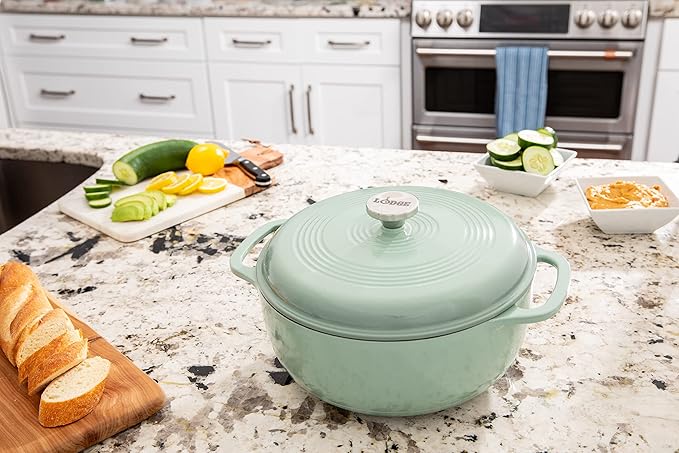 Lodge 6 Quart Enameled Cast Iron Dutch Oven with Lid ??Dual Handles ??Oven Safe up to 500째 F or on Stovetop - Use to Marinate, Cook, Bake, Refrigerate and Serve ??Desert Sage