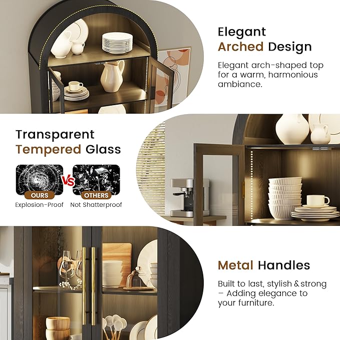 Vlsrka 71" Arched Storage Cabinet with Doors, Display Cabinet with LED Light & Human Sensor, 5-Tier Display Cases for Collectibles, Curio Cabinet with Ajustable Shelf for Living Room(Black)