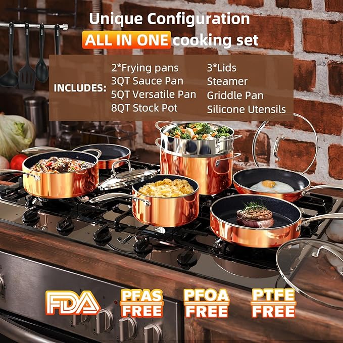 Deluxe DUXANO 14PC Healthy Pots and Pan With 9H Anti-scratch Coating, 2-Layer Non-Stick Ceramic&PFAS Free (Copper)