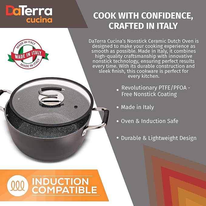 DaTerra Cucina ??8 Qt Nonstick Ceramic Dutch Oven with Lid ??Large Oven Safe Stock Pot, Induction Compatible, Lightweight, Lead & PFOA Free, Volcanic Black, Durable Nonstick Cookware ??Made in Italy