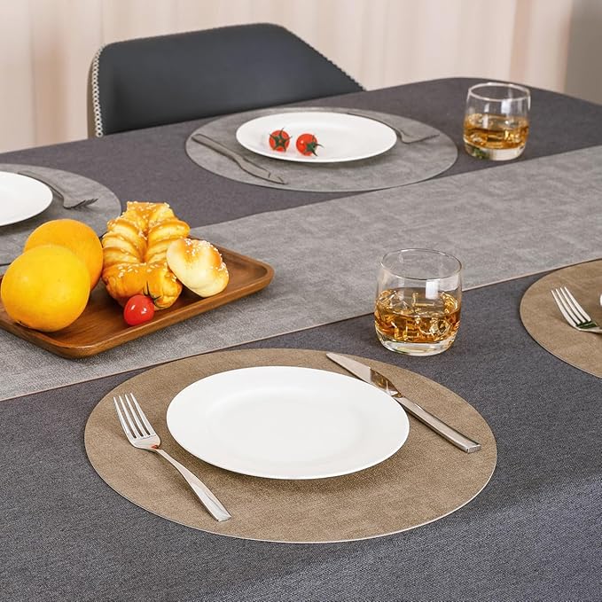 Myir JUN Reversible Vinyl Round Placemats Set of 4, Faux Leather Place Mats Dual Sided Waterproof Oilproof Wipeable, Heat-Resistant Table Mats for Kitchen Dining Indoor Outdoor (14", Light Gray Beige)