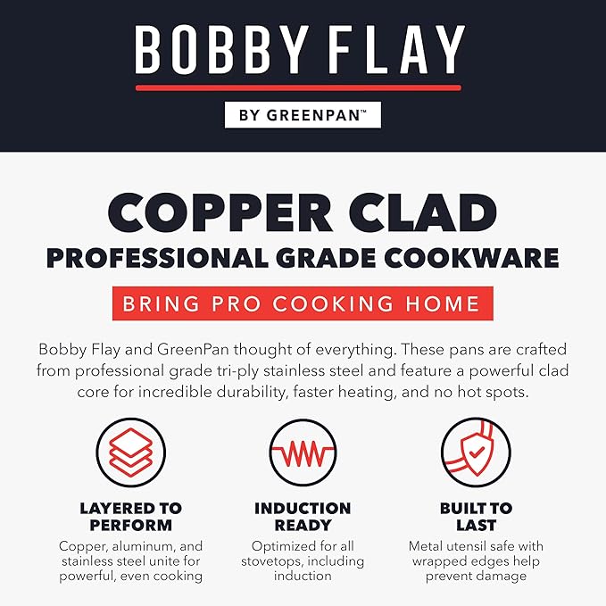 GreenPan x Bobby Flay 2QT Copper Clad Chef?셲 Pan with Lid, Induction Ready Sauce Pot, Measurement Markings, Stainless Steel Base & Interior, Oven Safe Saucepan to 500?F