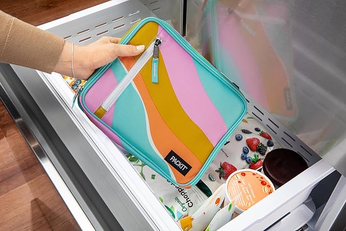 PackIt짰 Freezable Classic Lunch Box, Retro Wave, Built with EcoFreeze짰 Technology, Fully Freezable, Collapsible, Reusable, With Zip Front Pocket and Buckle Handle, Designed for Fresh Lunch On the Go