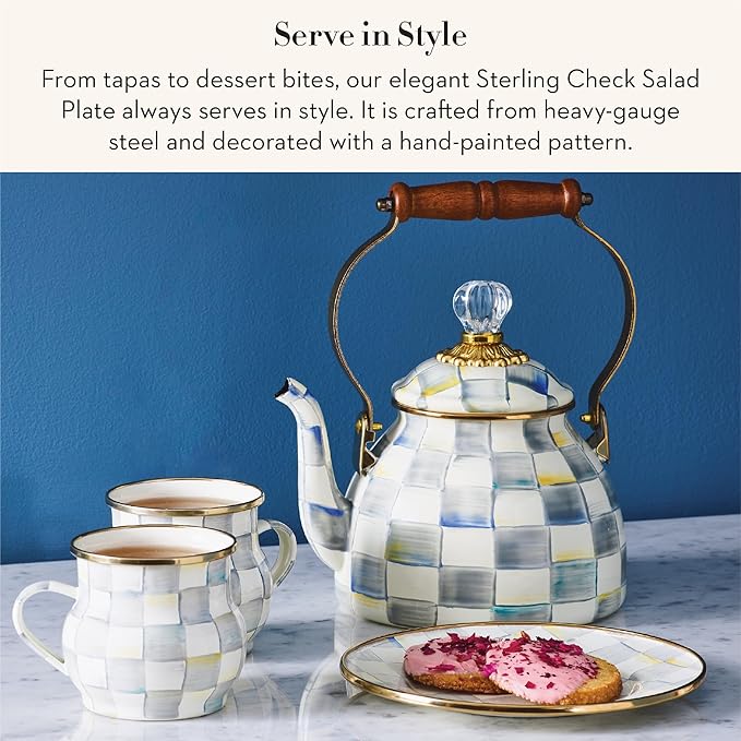 MACKENZIE-CHILDS Enamel Salad and Dessert Plate, Small Plate for a Dessert or Appetizer Dish, 8 Inches, Gray-and-White Sterling Check