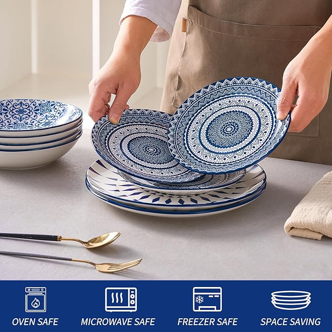 Bestone Porcelain Dinnerware Sets Service for 4, 12 pcs Hand drawn Plates and Bowls Sets, Handmade Ceramic Dish Set, Chip Resistant Modern Plate Set, Dishwasher/Microwave Safe竊똙intage Blue