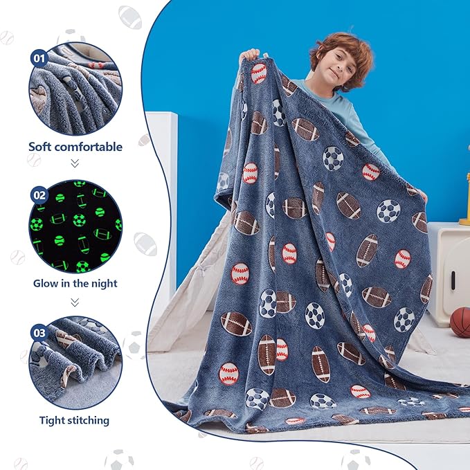 QSTEHEML Soccer Glow in The Dark Blanket,Football Gifts Toys for Kids Boys Age 3-12 Years Old,Birthday, for Toddler, Teen, Son, Soft Luminous Throw Blanket 50"횞60"