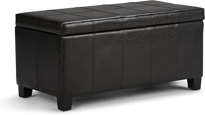 SIMPLIHOME Dover Storage Ottoman Bench - 36 inch Wide Upholstered Vegan Leather Rectangular Lift-Top Ottoman in Midnight Black, Contemporary Bench for Living Room with Safety Hinges