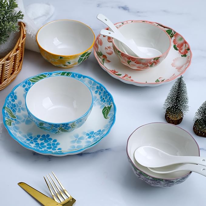 Premium Green Floral Porcelain Dinnerware Set of 2, 10-Piece Plates & Bowls for Family, Microwave & Dishwasher Safe, Luxury Gift Box Packaging