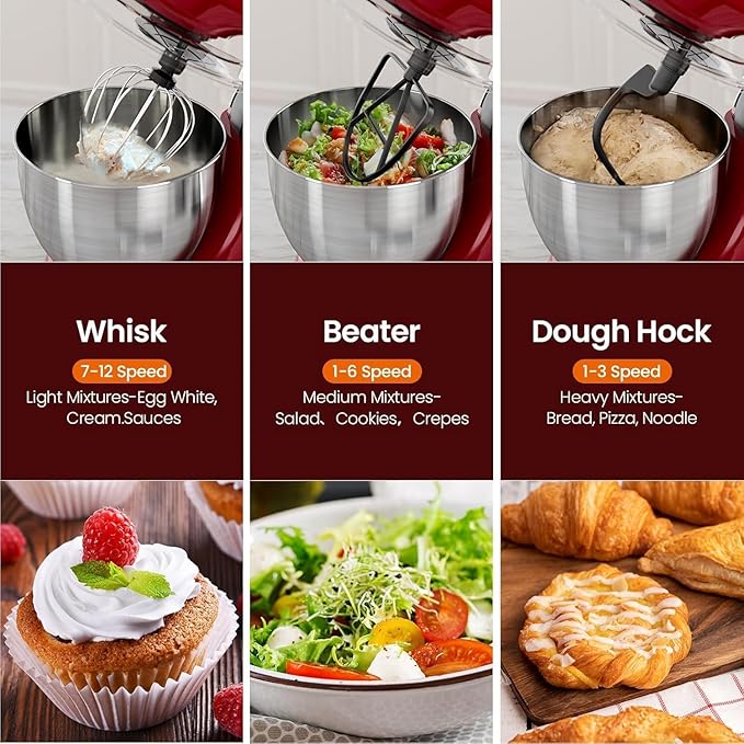 Kismile 5.5QT Tilt-Head Stand Mixer, 12-Speed Electric Kitchen Mixer with 304 Stainless Steel Bowl - Includes Dough Hook, Whisk, Beater for Baking Bread, Cakes, Cookies（Bright Red）