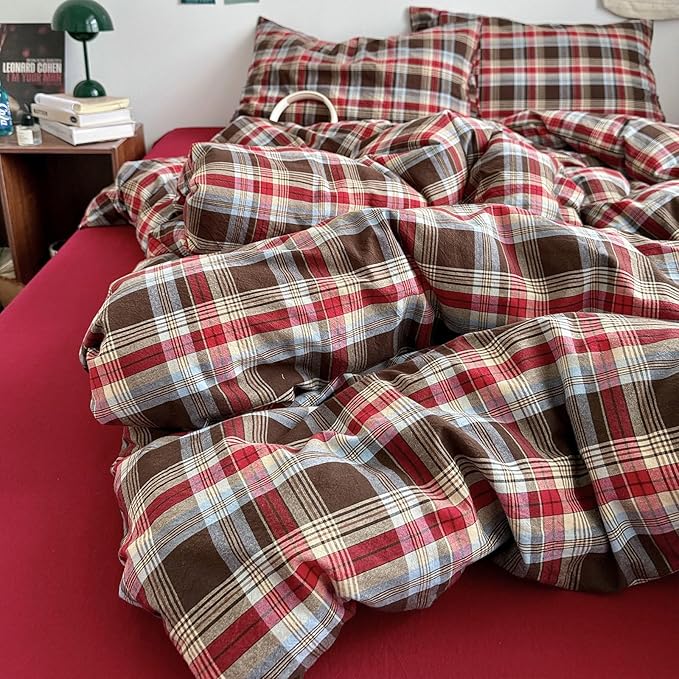 LifeTB Full Comforter Set Vintage Buffalo Plaid Comforter Set, 3 Pieces Red Brown Grid Checkered Comforter with 2 Pillowcases, Breathable Soft Farmhouse Grid Pattern Printed Plaid Gingham Bedding Set