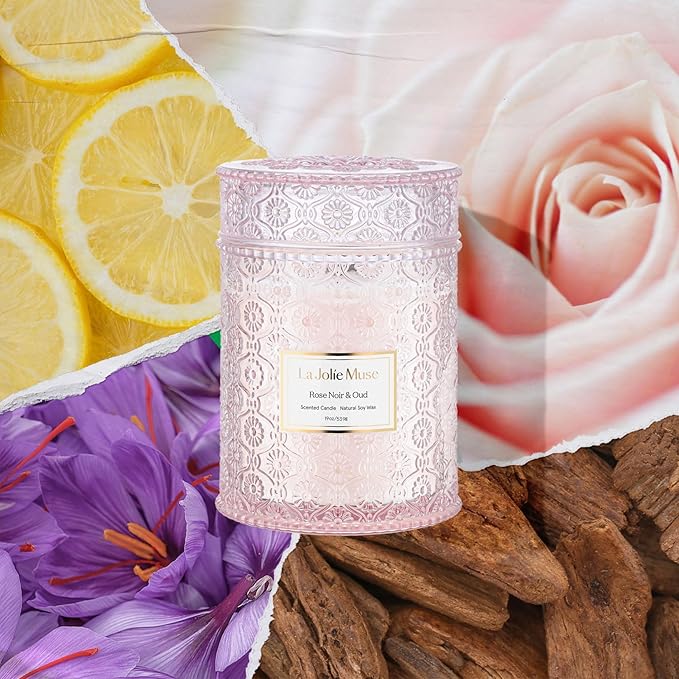 LA JOLIE MUSE Rose Noir & Oud Scented Candle ??Lemon, Rose & Oud | Valentine's Day Candle Gift | 19 oz Large Wooden Wick Candle | Natural Soy Wax | 90 Hours Clean Burn | Elegant Home D챕cor