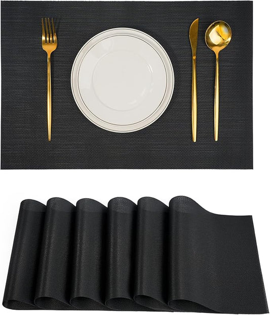 flohar Placemats Set of 6竊똍on-Slip PVC Weave Table Mats Easy to Clean竊똇eat Resistant Place Mats for Kitchen Dining Table Decoration Indoor Outdoor竊똁lack