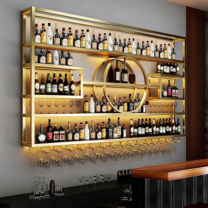 47in Wine Rack Wall Mounted, Large Capacity Hanging Wine Bottles Display Shelf with Glasses Holder, 4 Tier Industrial Bar Liquor Storage Shelves for Home Bar Kitchen,Living Room (Gold, 47in/120cm)