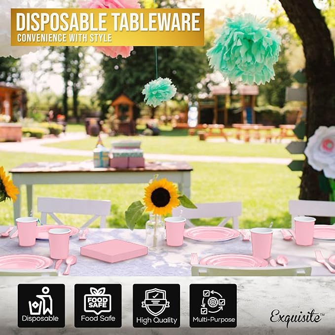 Exquisite 350 Pcs Pink Paper Plates For Party, Pink Disposable Plates Set, 50 Of Each 9" Dinner Plate Set, 7" Dessert Plate, Cups, Napkins & Cutlery Paper Dinnerware