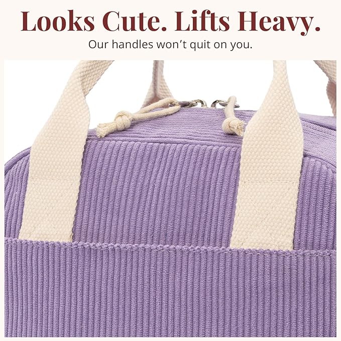 LOVELYWIND Insulated Purple Haze Lunch Bag for Women, Stylish Corduroy Tote with Aluminum Lining, Large Capacity Reusable Cooler for Work, Travel, or Beach, Beige Cream Water-Resistant Lunch Box