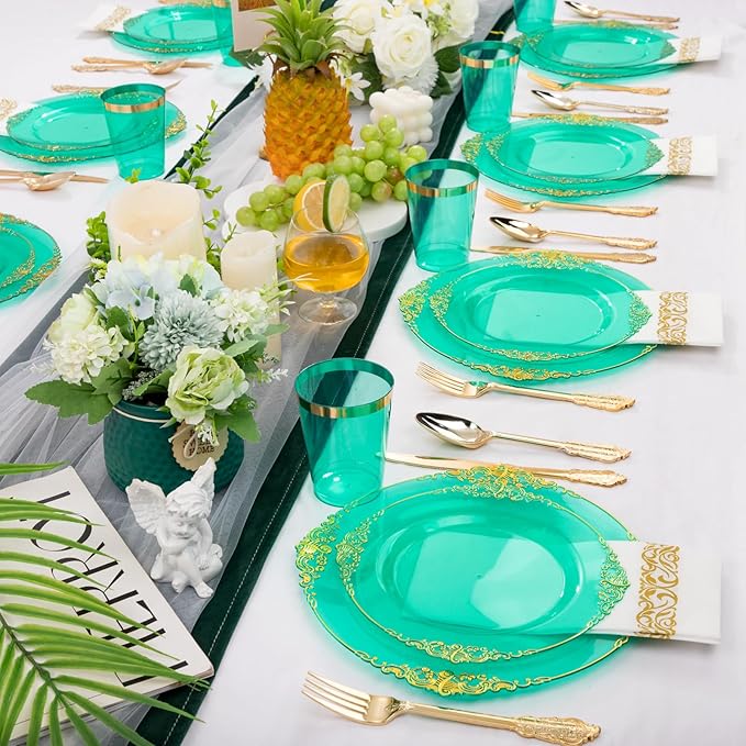 Hioasis 350pcs Green and Gold Plastic Plates - Green Party Plates for 50 Guest, Include 100 Heavy-duty Plates(20% Thicker Than Standard), 150 Cutlery Set, 50 Napkin, 50 Cups