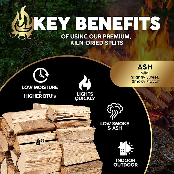 Firewood Central Kiln-Dried PA Ash ??8??Splits (Approx 39.5 lb) ??Mild Smoking Wood for Pizza Ovens, BBQ & Fire Pits ??Easy Light, Low Smoke, USA-Sourced