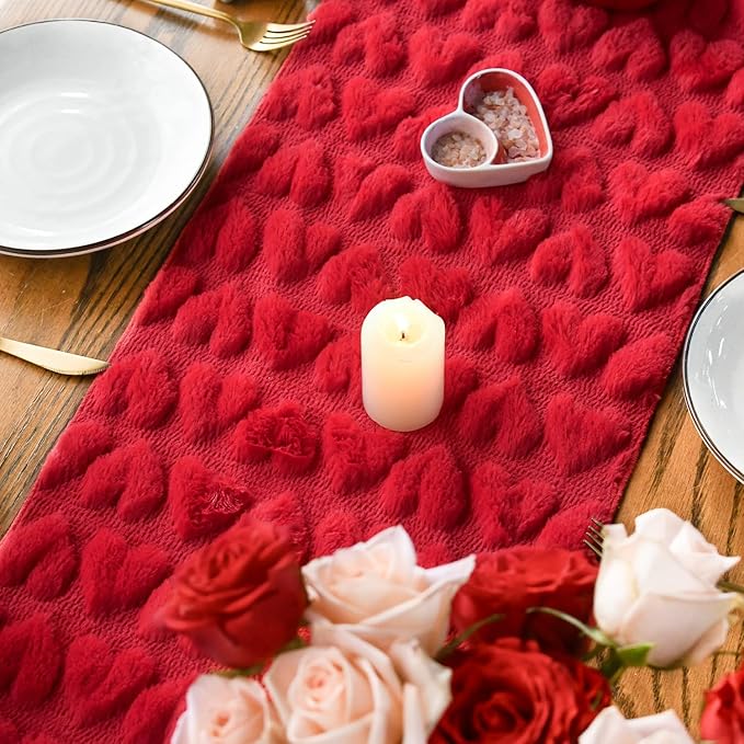 Artoid Mode Red Soft Plush Faux Fur Jacquard Heart Valentine's Day Table Runner, Seasonal Kitchen Dining Table Decoration for Home Party Decor 13x48 Inch