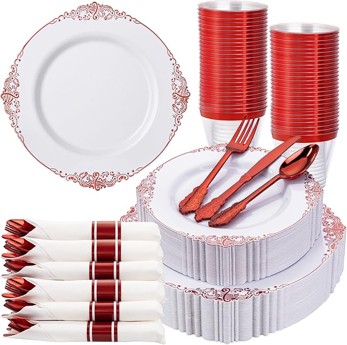 Nervure 350PCS Red Plastic Plates - White Red Plastic Dinnerware Set for 50 Guests - 100 Red Disposable Plates, 50 Pre Rolled Cutlery Set, 50 Cups Perfect for Wedding, Party