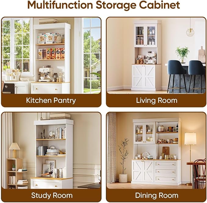 71" Farmhouse Kitchen Pantry Cabinet Set of 3, White Freestanding Coffee Bar Hutch with Glass Doors, Drawers & Adjustable Shelves, Large Storage Cabinet with Microwave Stand for Living Room & Kitchen