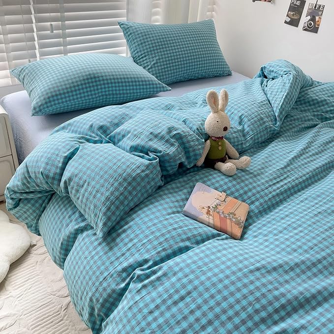 LifeTB Blue Gingham Comforter Set Full Modern Style Blue Grey Plaid Grid Comforter 3 Pieces Farmhouse Checkered Pattern Comforter with 2 Pillowcases Soft Fluffy Gingham Bedding Set Breathable