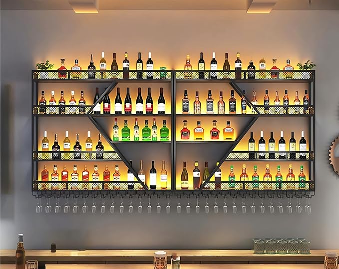 Modern Wall Mounted Wine Rack w/LED Light, Metal Wall Bar Shelves Wall Mounted w/Glass Holder, Large Liquor Shelf for Liquor Bottles for Home Bar & Dining Room(Black-Yellow Led, 4 Tier-94in)