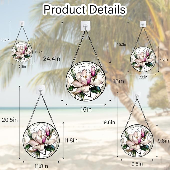 Stained Glass Window Hanging - Pink Magnolia Flower Petal Suncatcher for Doors Window Home Sun Catchers Decor Christmas Mother's Day Birthday Gifts for Teacher Women Men Mom Nana 11.8 in