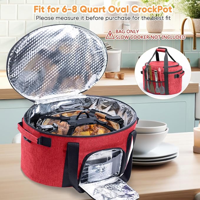 Double-Layer Slow Cooker Carrying Bag for 6-8 Quart CrockPot and Hamlton Beach Slowcooker, Travel Bag with Lid Fastener for Crock-pot, Portable Carrier with See-thought Window(BAG ONLY)