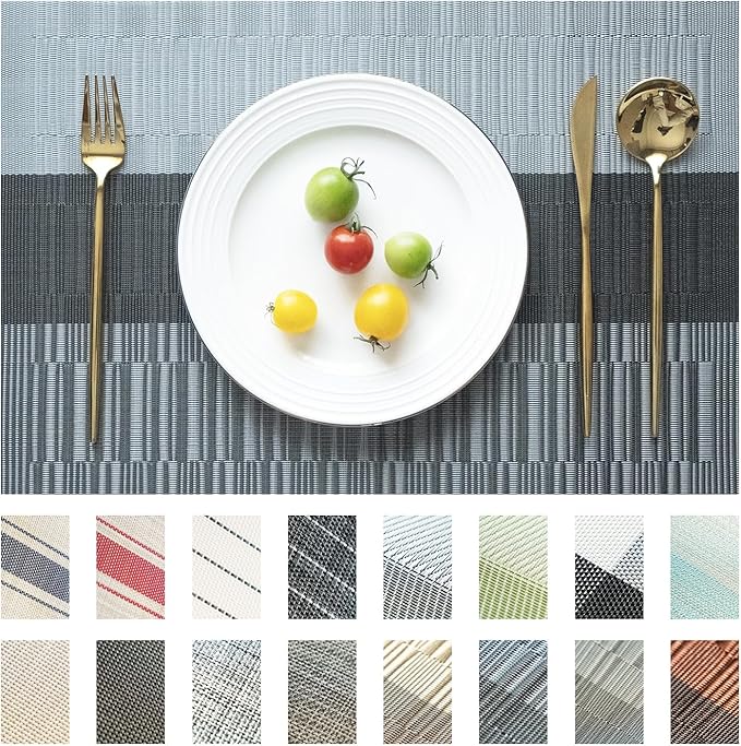 SUMYMERY Placemats Set of 6 Vinyl/Plastic Woven Place Mats for Kitchen Table Indoor/Outdoor Washable Placemat Wipeable Dining Table Mats (Ombre Silver Grey Black,6)