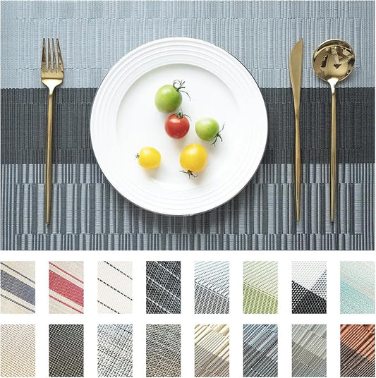 SUMYMERY Placemats Set of 6 Vinyl/Plastic Woven Place Mats for Kitchen Table Indoor/Outdoor Washable Placemat Wipeable Dining Table Mats (Ombre Silver Grey Black,6)